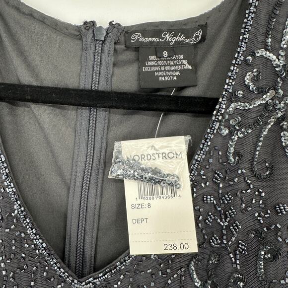 Pisarro Nights Beaded V-Neck Grey 3/4 Sleeve Cocktail Formal Dress Womens 8 - Picture 6 of 10